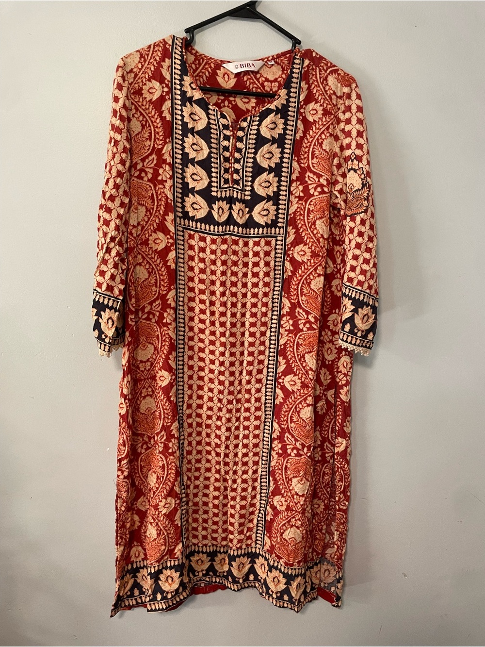 Biba Red, Cream & Navy Printed Long Sleeve Midi Dress